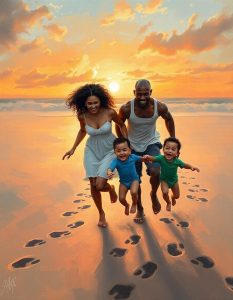 A.couple.runming after.a set of twin.babies
